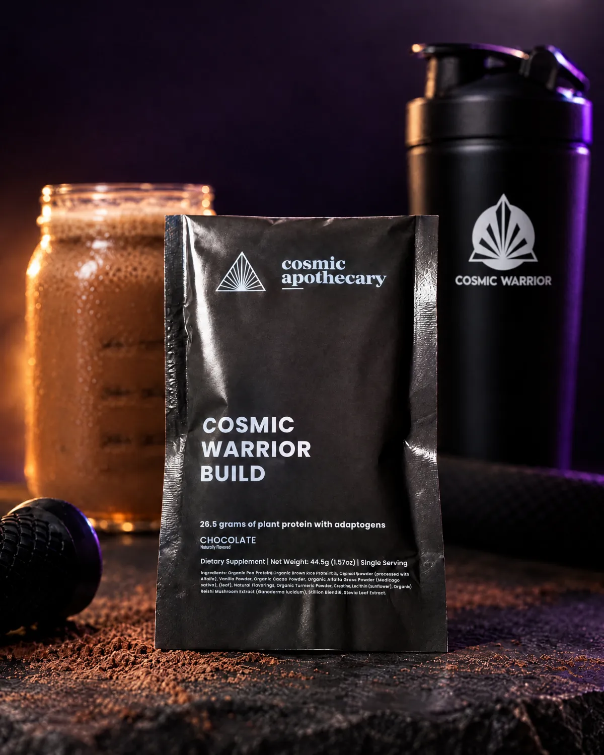 A Cosmic Warrior Build chocolate protein sachet with cocoa powder, cacao and reishi